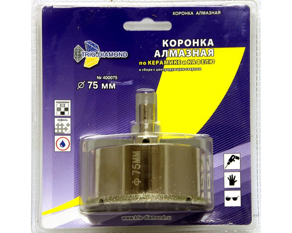 Коронка алмазная по керамике и кафелю с центрирующим сверлом 75мм 400075 Коронка алмазная по керамике и кафелю с центрирующим сверлом 75мм 400075