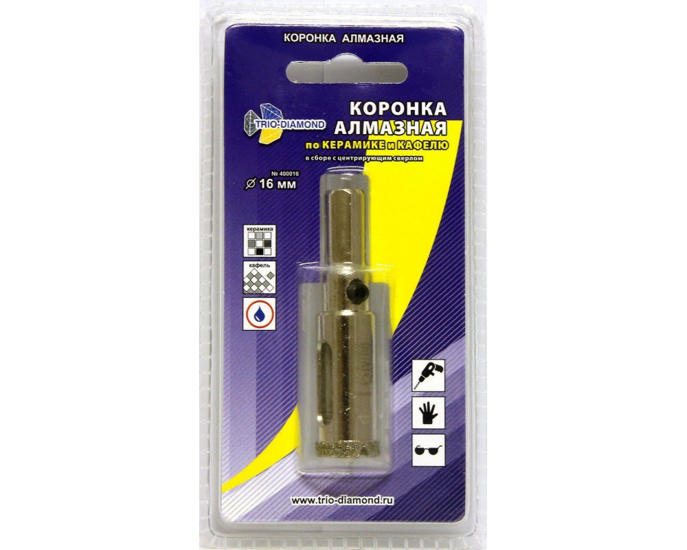 Коронка алмазная по керамике и кафелю с центрирующим сверлом 16мм 400016 Коронка алмазная по керамике и кафелю с центрирующим сверлом 16мм 400016