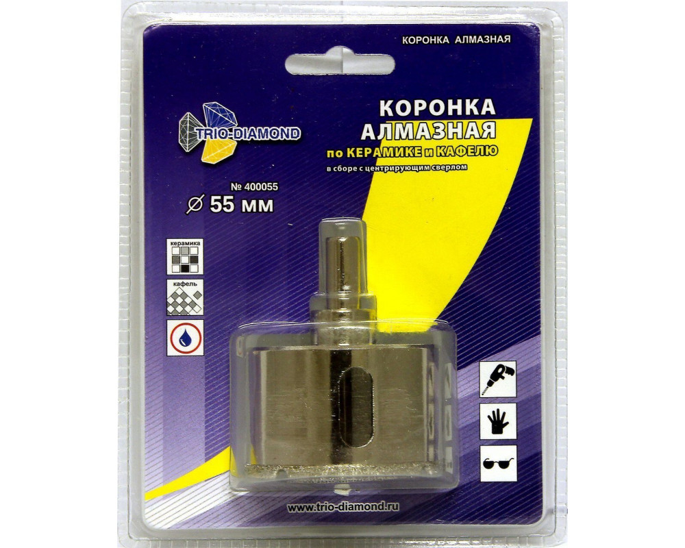 Коронка алмазная по керамике и кафелю с центрирующим сверлом 55мм 400055 Коронка алмазная по керамике и кафелю с центрирующим сверлом 55мм 400055