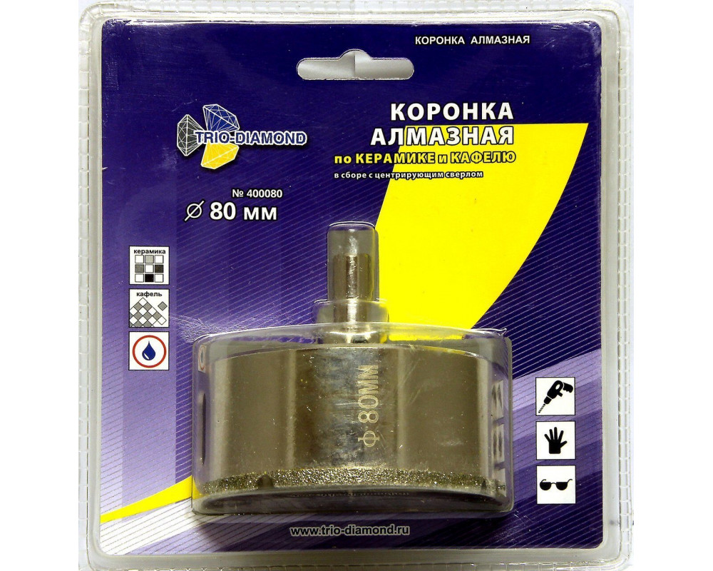 Коронка алмазная по керамике и кафелю с центрирующим сверлом 80мм 400080 Коронка алмазная по керамике и кафелю с центрирующим сверлом 80мм 400080