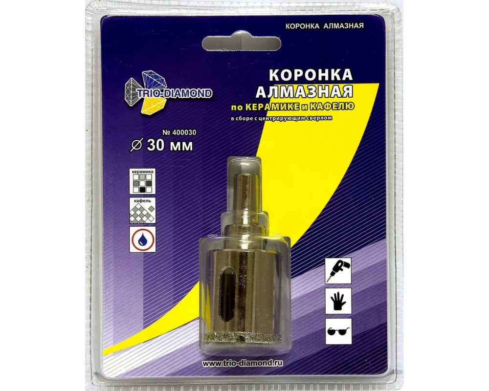 Коронка алмазная по керамике и кафелю с центрирующим сверлом 30мм 400030 Коронка алмазная по керамике и кафелю с центрирующим сверлом 30мм 400030