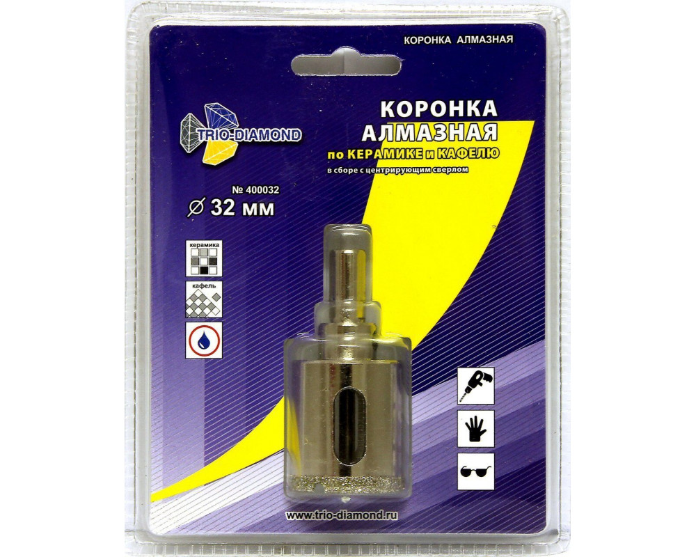 Коронка алмазная по керамике и кафелю с центрирующим сверлом 32мм 400032 Коронка алмазная по керамике и кафелю с центрирующим сверлом 32мм 400032